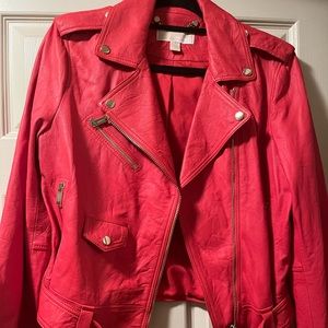 Brand New Michael Kors Sea Coral Red Leather Moto Jacket
